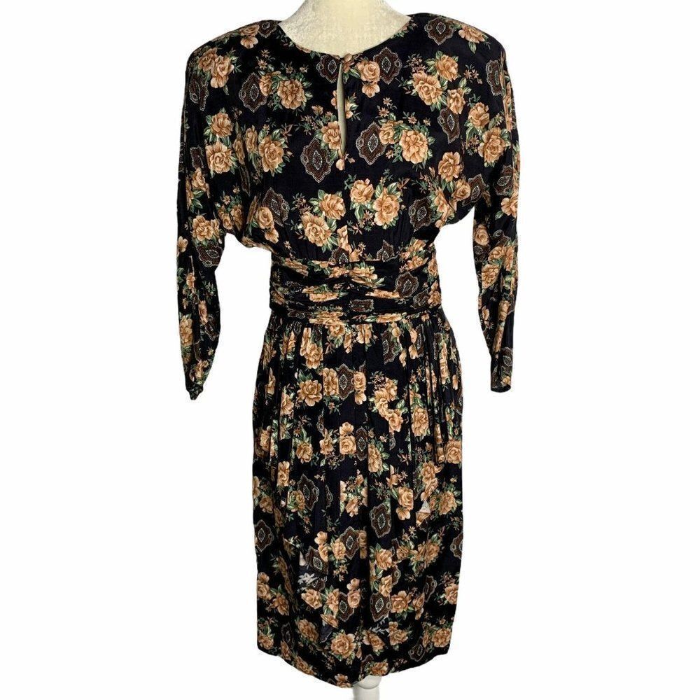 Vintage 80s Floral Midi Dress S Black Cottage Core